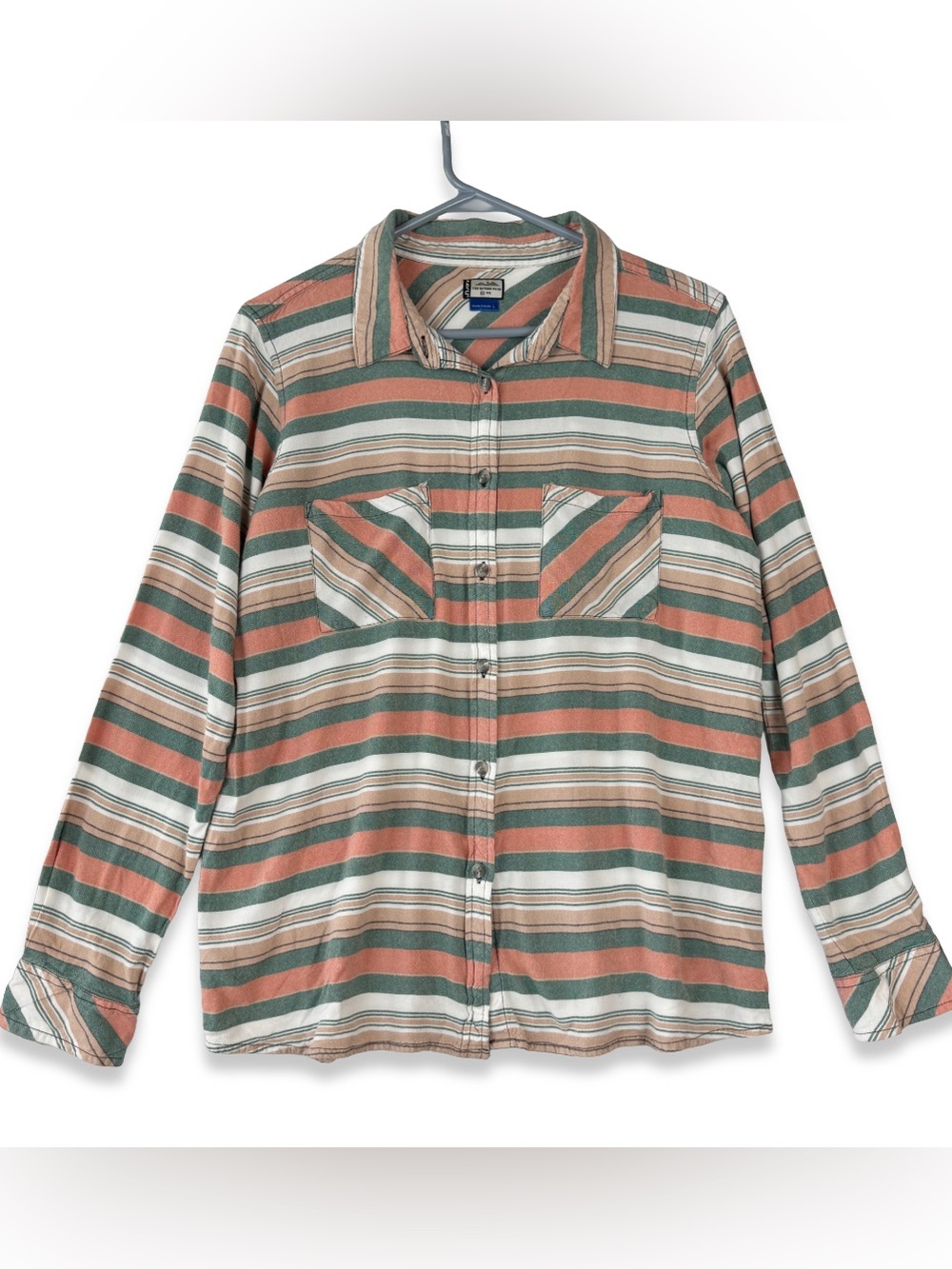 Kavu Flannel Button Up Top Womens L Large Rayon Long Sleeve Orange Green Striped